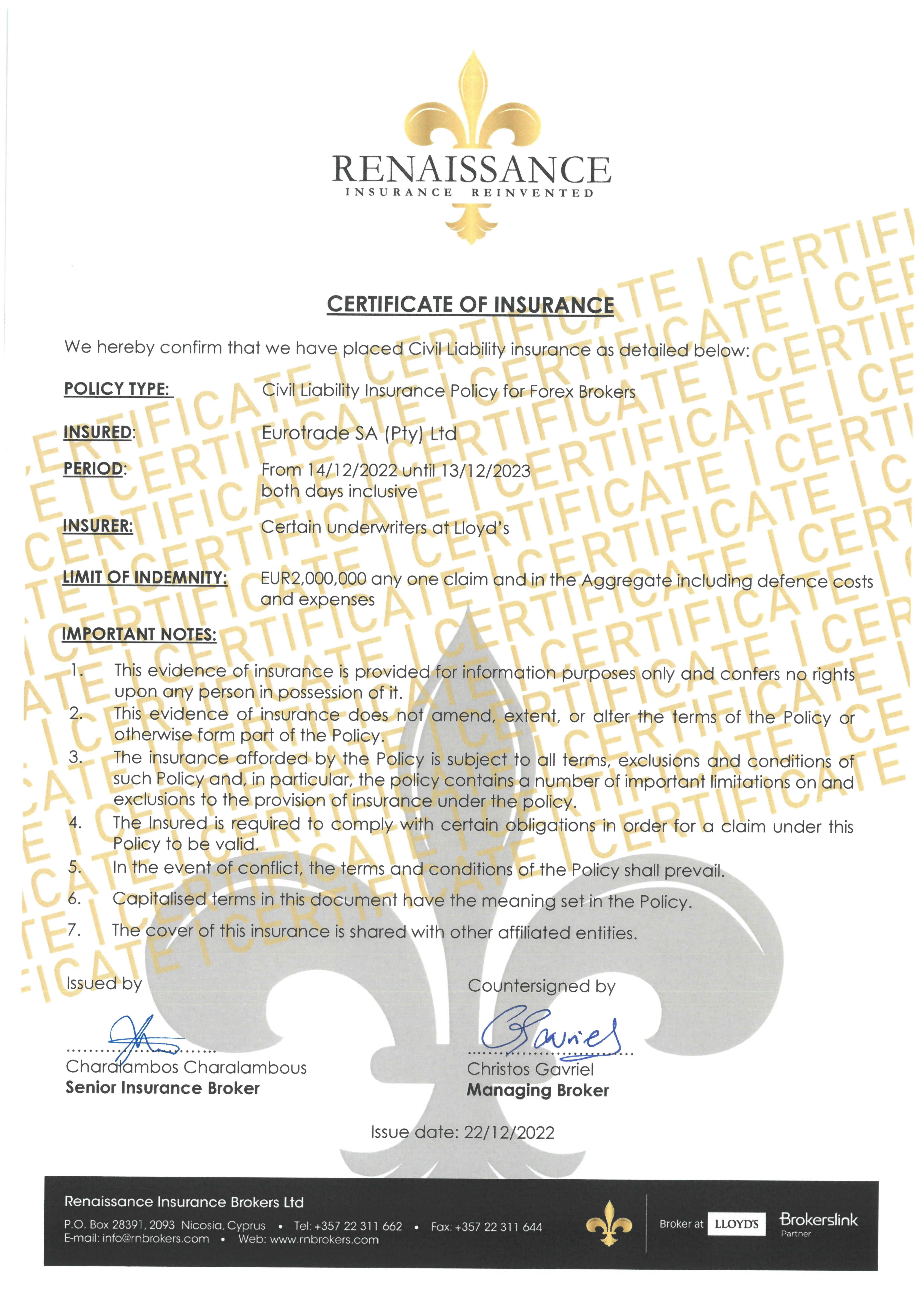 Certificate of Insurance